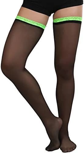 ToBeInStyle Women's Sheer Laced Thigh Hi Stocking | One Size Black with Neon Green Lace thumbnail 4