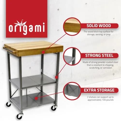 Origami Foldable Kitchen Island Cart, Silver | 25.3L x 19.8W x 36.2H inches | Supports 200 lbs thumbnail 2