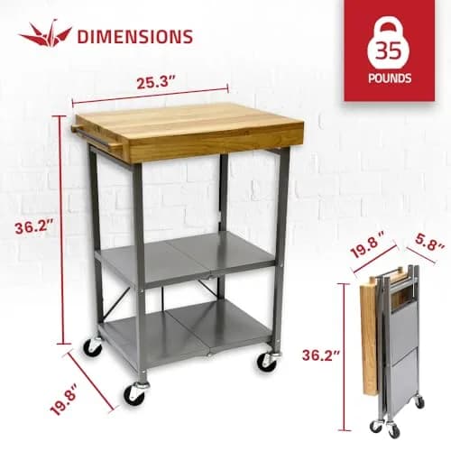Origami Foldable Kitchen Island Cart, Silver | 25.3L x 19.8W x 36.2H inches | Supports 200 lbs thumbnail 3