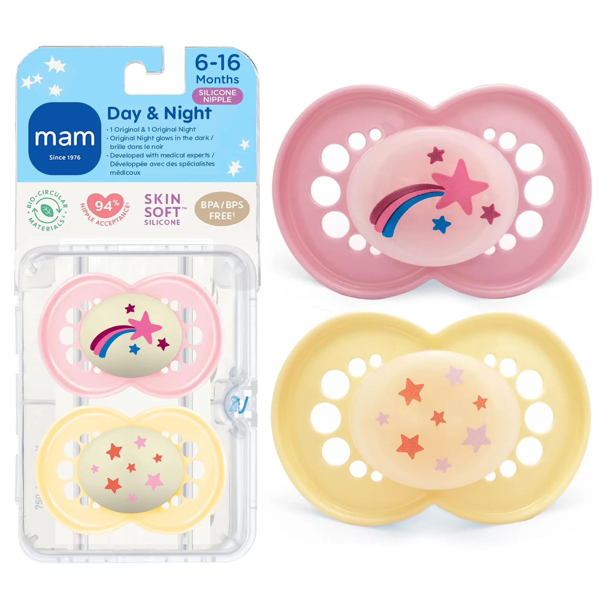 MAM Original Baby Pacifiers 6-16 Months, Glow-in-the-Dark, 4-Pack | Developed with Pediatric Dentists — Fairy Dust/Butter Yellow