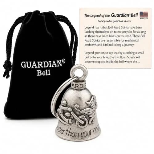 Guardian Bell Never Ride Faster Than Your Angel Can Fly Good Luck Bell w/Keyring & Black Velvet Gift Bag | Motorcycle Bell | Lead-Free Pewter | Good Luck Gift | Bike Bell | Made in USA thumbnail 1