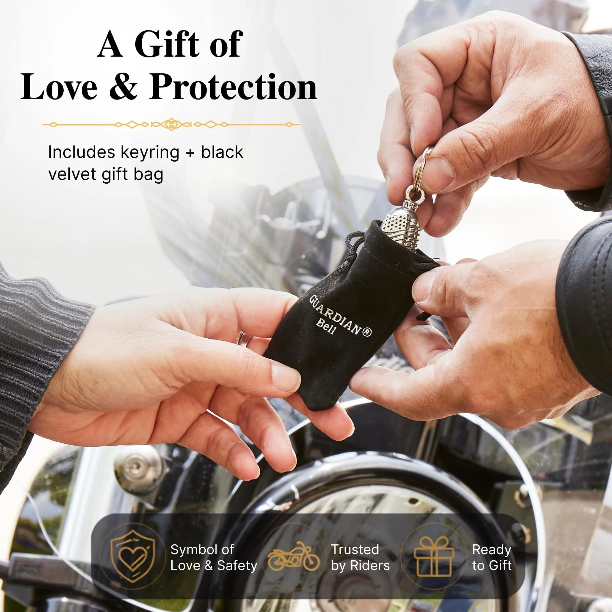 Guardian Bell Never Ride Faster Than Your Angel Can Fly Good Luck Bell w/Keyring & Black Velvet Gift Bag | Motorcycle Bell | Lead-Free Pewter | Good Luck Gift | Bike Bell | Made in USA - view 2