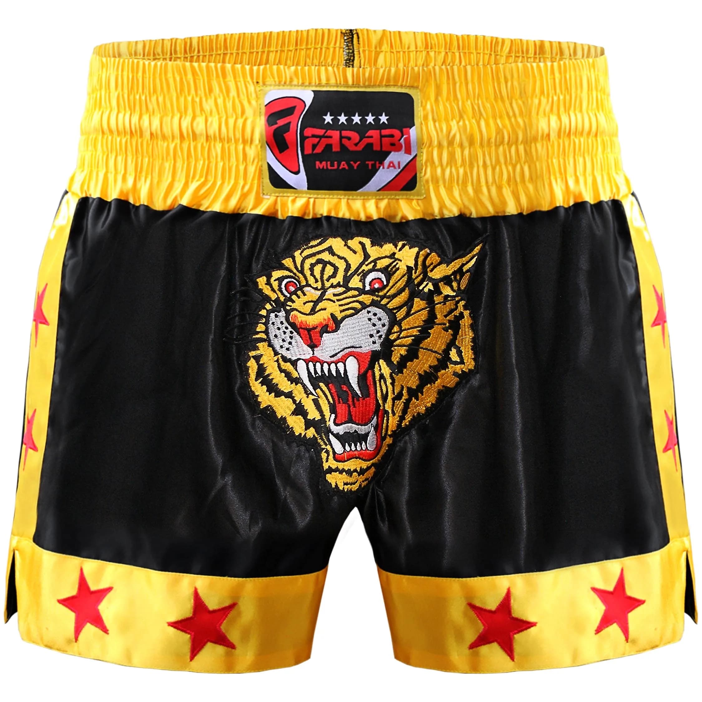 Farabi Sports Muay Thai Shorts Men Women Cage Fighting MMA Kickboxing Training (Large, Black/Gold, US) — Small