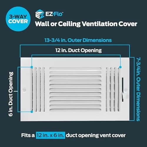 EZ-FLO 12 x 6 Inch White Steel HVAC Vent Cover for Wall or Ceiling | 3-Way Air Deflection thumbnail 2