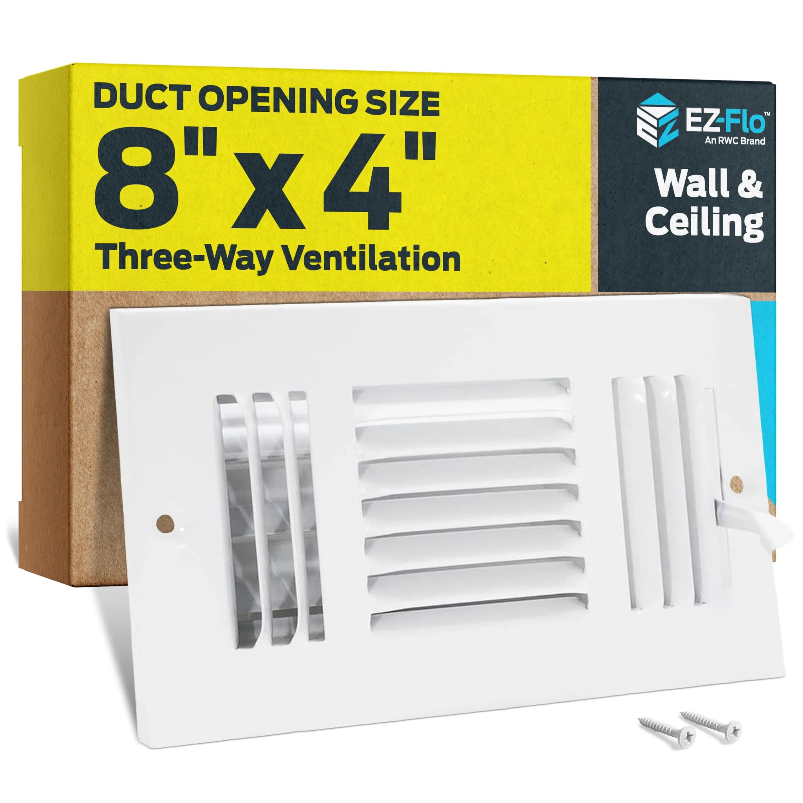 EZ-FLO 8 x 4 Inch Three-Way Steel Ventilation Sidewall/Ceiling Register | Heavy-Duty Steel, Adjustable Damper, Rust-Resistant