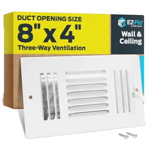 EZ-FLO 8 x 4 Inch Three-Way Steel Ventilation Sidewall/Ceiling Register | Heavy-Duty Steel, Adjustable Damper, Rust-Resistant thumbnail 1