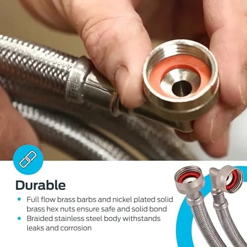 Eastman Braided Stainless Steel Washing Machine Hose Connectors with Elbows, 2-Pack, 1.9 cm (0.75 in) FHT x 1.9 cm (0.75 in) FHT, 1.83 m (6 ft) | CSA Certified & UPC Approved thumbnail 5