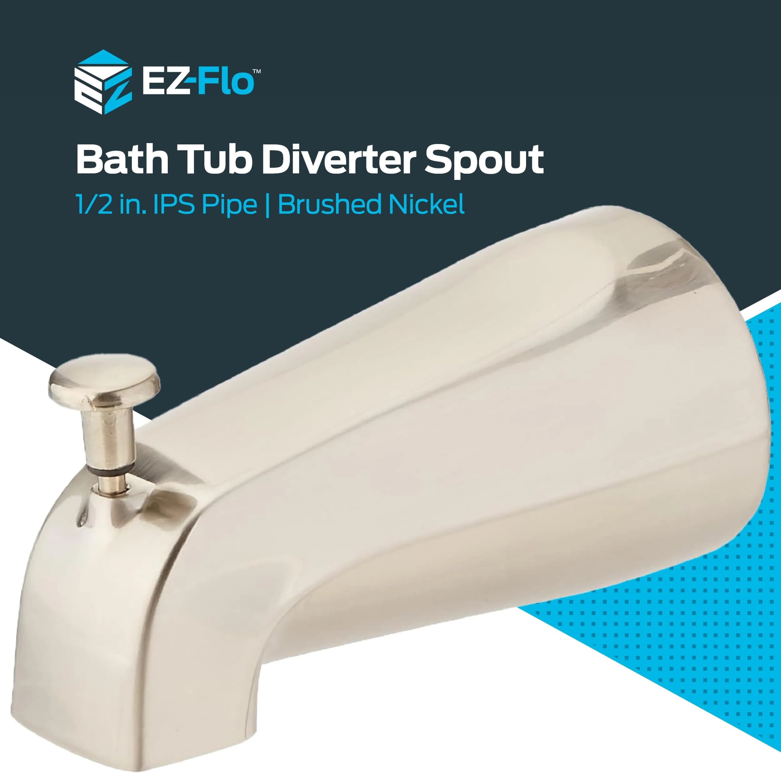 EZ-FLO 5 Inch Zinc Bath Tub Diverter Spout, 1/2 Inch IPS Pipe, Brushed Nickel | Universal Fit for Bathroom Tubs - view 2