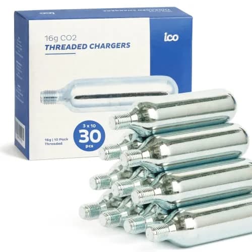 ICO 16g Co2 Cartridges (30 pack) | Food Grade, Leak Proof, 100 PSI, Alloy Steel, Portable thumbnail 1