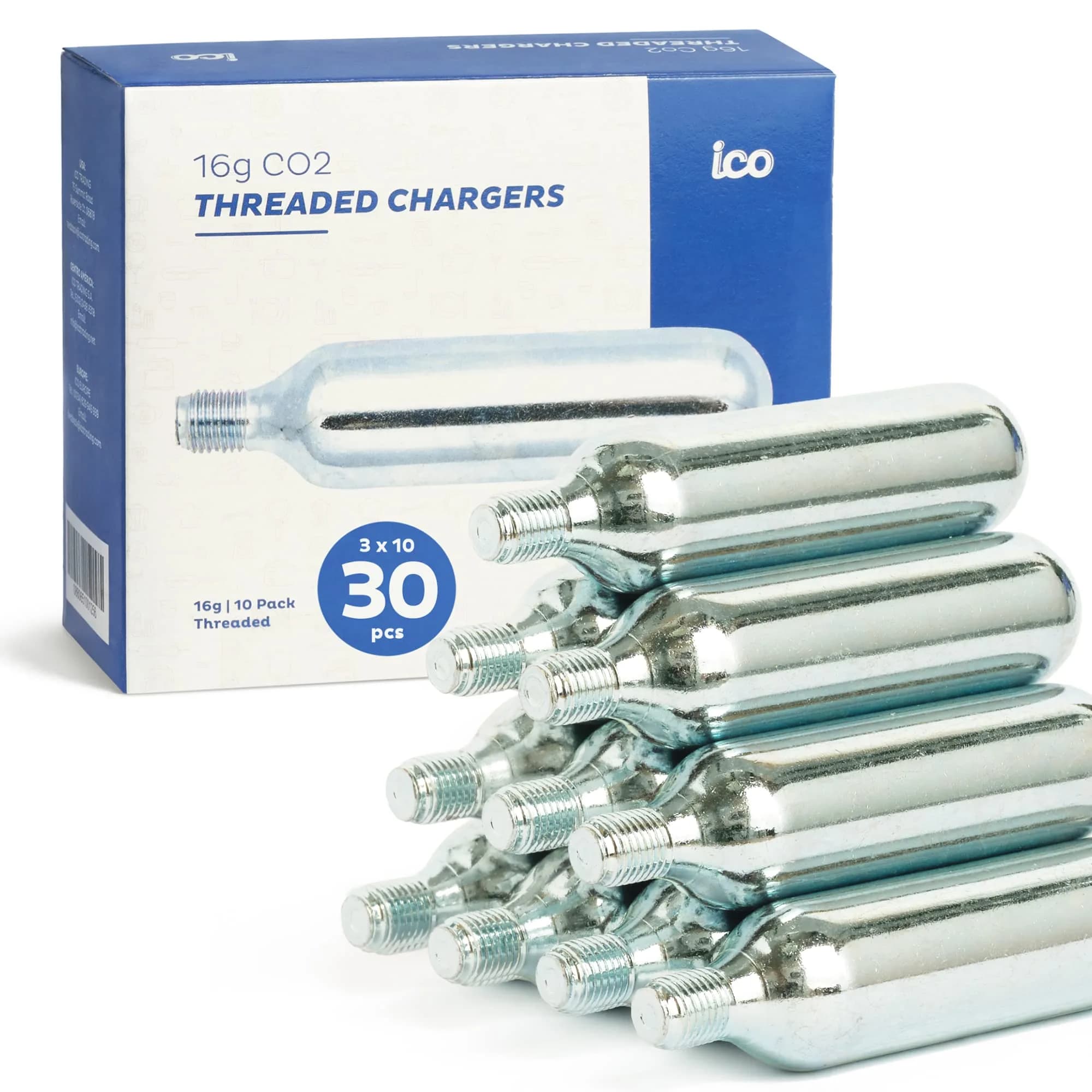 ICO 16g Co2 Cartridges (30 pack) | Food Grade, Leak Proof, 100 PSI, Alloy Steel, Portable