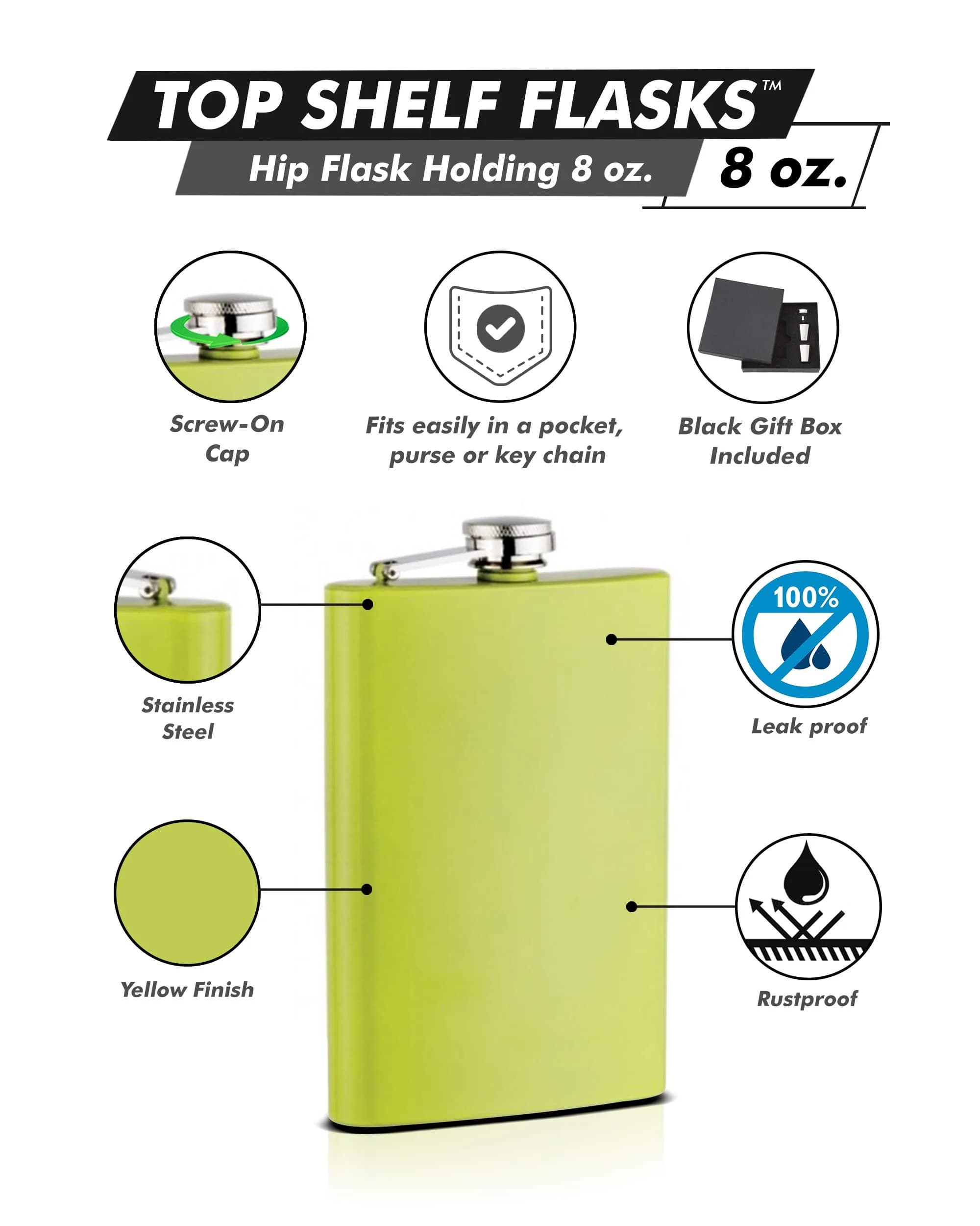 Top Shelf Flasks 8 oz Hip Flask Yellow | Leak Proof Stainless Steel for Men & Groomsmen