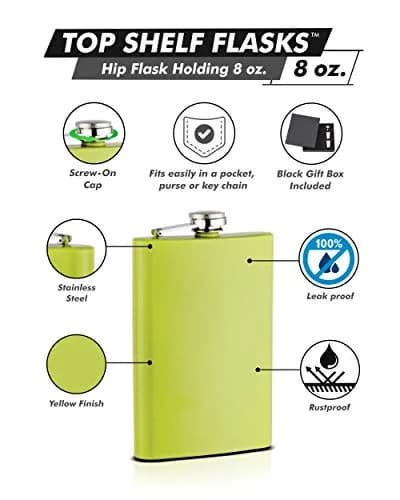 Top Shelf Flasks 8 oz Hip Flask Yellow | Leak Proof Stainless Steel for Men & Groomsmen thumbnail 1