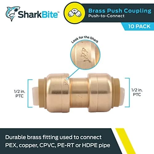 SharkBite 1/2 Inch Coupling Pack of 10 | Brass Push to Connect Plumbing Fitting for PEX, Copper, CPVC, PE-RT, HDPE thumbnail 2