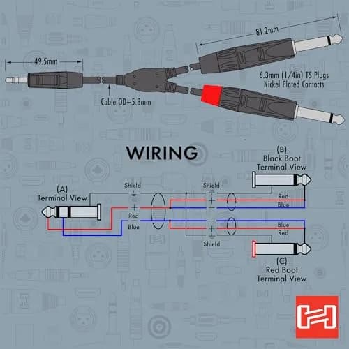 Hosa HMP-006Y Pro Stereo Breakout Cable - 3.5mm TRS to Dual 1/4-inch TS, 6 Feet | Connects portable media to pro audio gear thumbnail 5