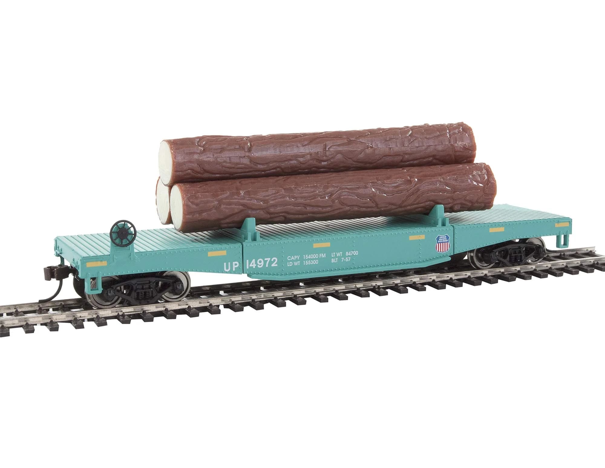 Walthers Trainline HO Scale Log Dump Car with 3 Logs - Union Pacific 14972 (MOW Scheme; Green, Yellow) | Authentic USA Import