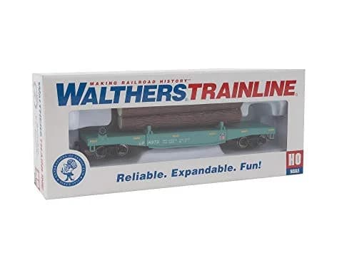 Walthers Trainline HO Scale Log Dump Car with 3 Logs - Union Pacific 14972 (MOW Scheme; Green, Yellow) | Authentic USA Import thumbnail 5