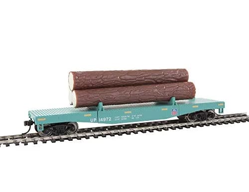 Walthers Trainline HO Scale Log Dump Car with 3 Logs - Union Pacific 14972 (MOW Scheme; Green, Yellow) | Authentic USA Import thumbnail 2