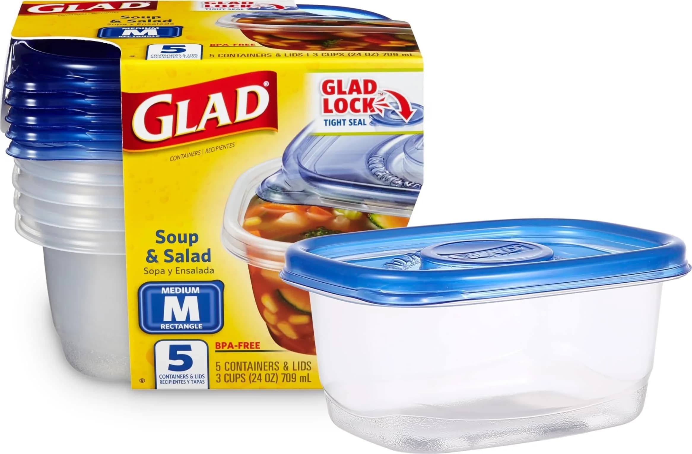 GladWare Medium Rectangle Snack Containers, 24 Oz (710 ml), 5-Count - Airtight & Leak-Resistant Food Storage - main product image
