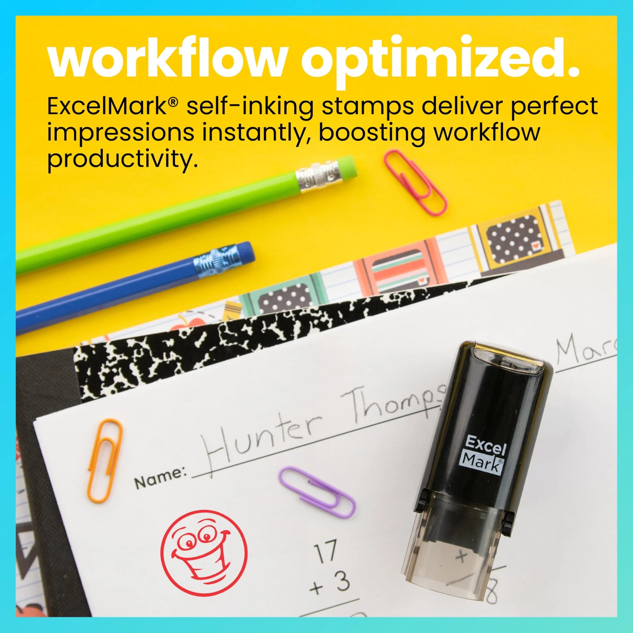 ExcelMark Smiley Face Self-Inking Teacher Stamp 5/8" Diameter | Reusable, Rapid Impressions (70-120 chars) thumbnail 2