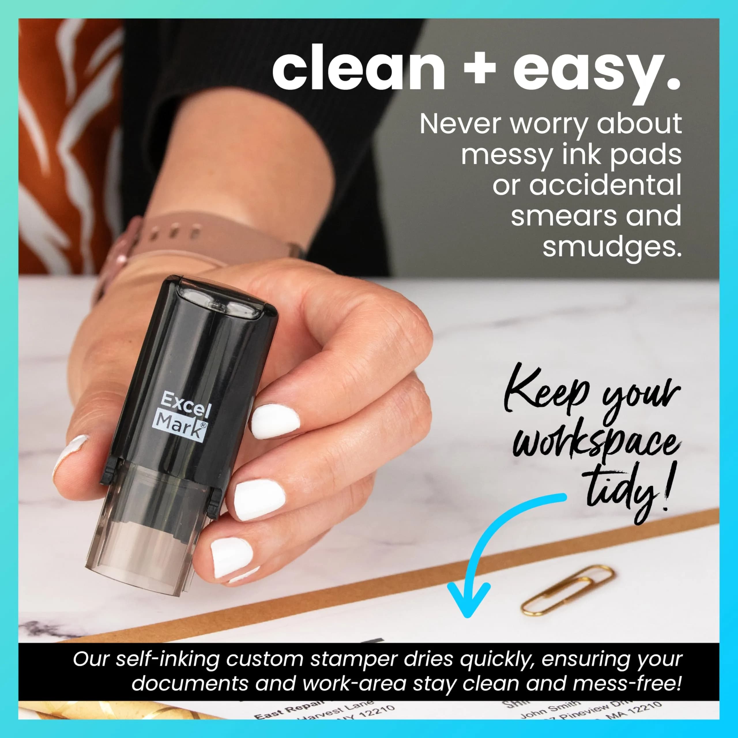 ExcelMark Smiley Face Self-Inking Teacher Stamp 5/8" Diameter | Reusable, Rapid Impressions (70-120 chars) thumbnail 3