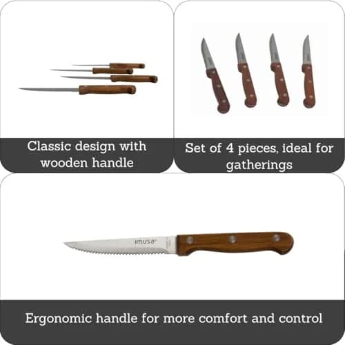 IMUSA 4 Piece Stainless Steel Steak Knife Set with Wood Handle | Serrated Edges for Precision Cutting thumbnail 2
