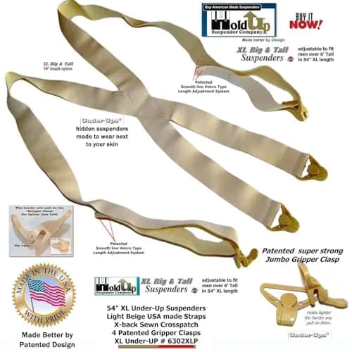 Hold-Up Tan XL 1.5-Inch X-Back Under-Ups Suspenders with Gripper Clasps | product 11e8ac40 thumbnail 9