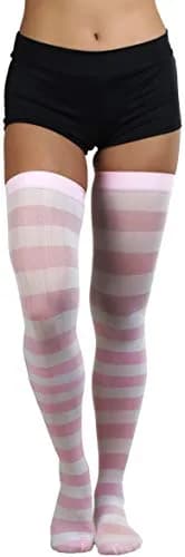 ToBeInStyle Women's Striped Thigh High Stockings - Pink W/White - One Size | Vibrant, Versatile & Trendy thumbnail 4