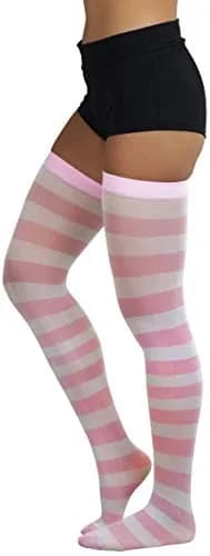 ToBeInStyle Women's Striped Thigh High Stockings - Pink W/White - One Size | Vibrant, Versatile & Trendy thumbnail 3