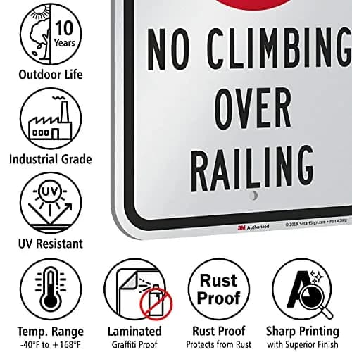 SmartSign No Climbing Over Railing Sign 18 x 12 inch Aluminum Reflective Sign, Red, Black & White thumbnail 7