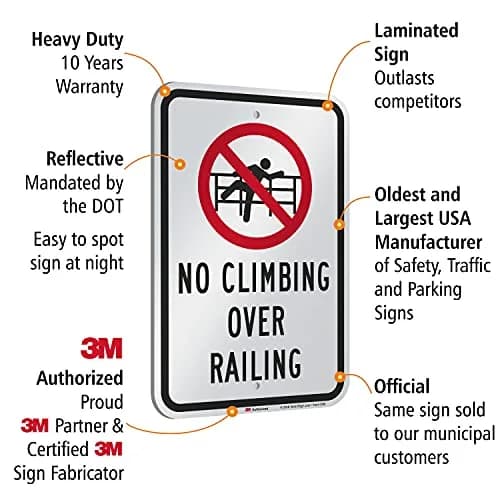 SmartSign No Climbing Over Railing Sign 18 x 12 inch Aluminum Reflective Sign, Red, Black & White thumbnail 3