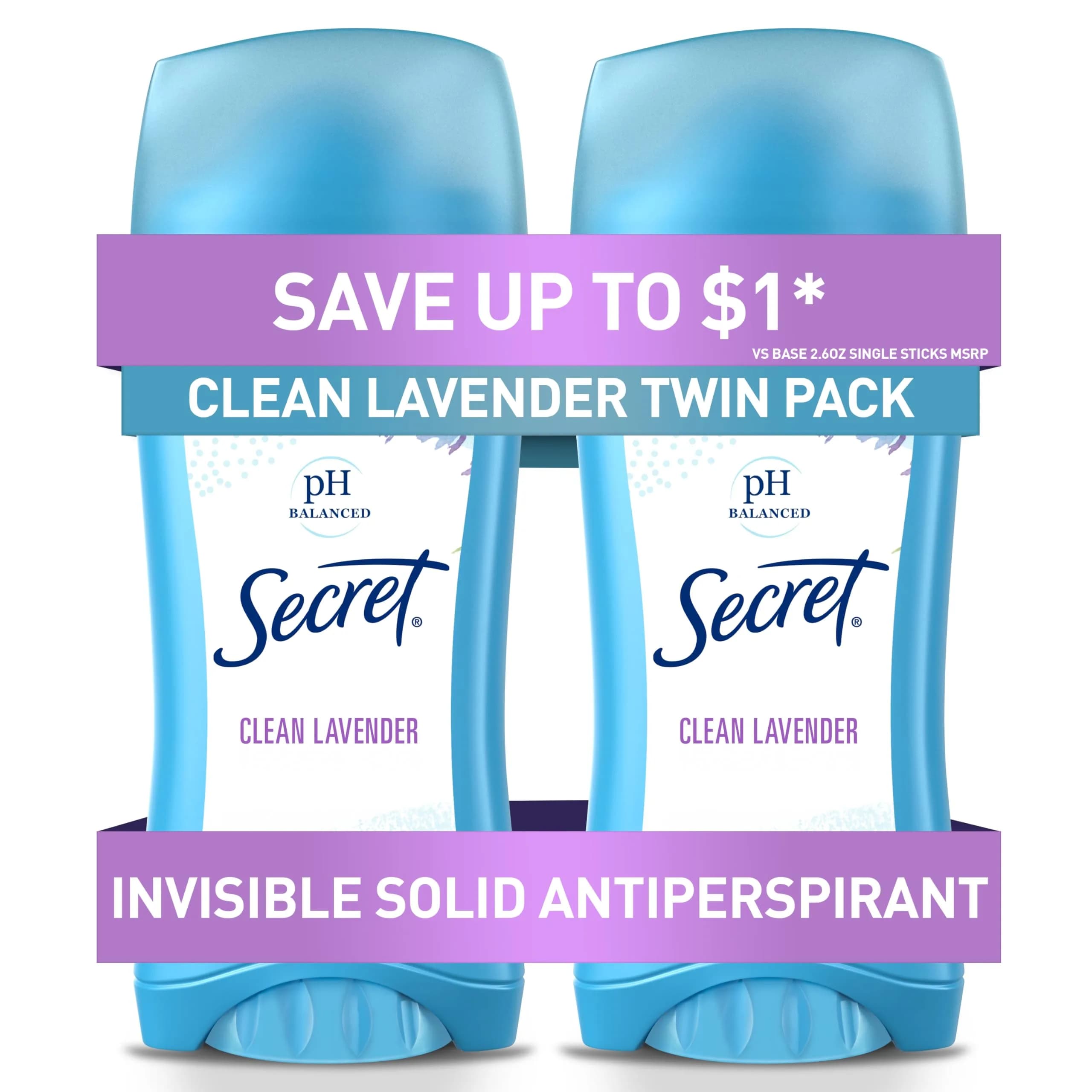 Secret Invisible Solid Clean Lavender Antiperspirant & Deodorant for Women, 5.2 oz (2.6 oz x 2) | 24hr Sweat & Odor Protection - main product image