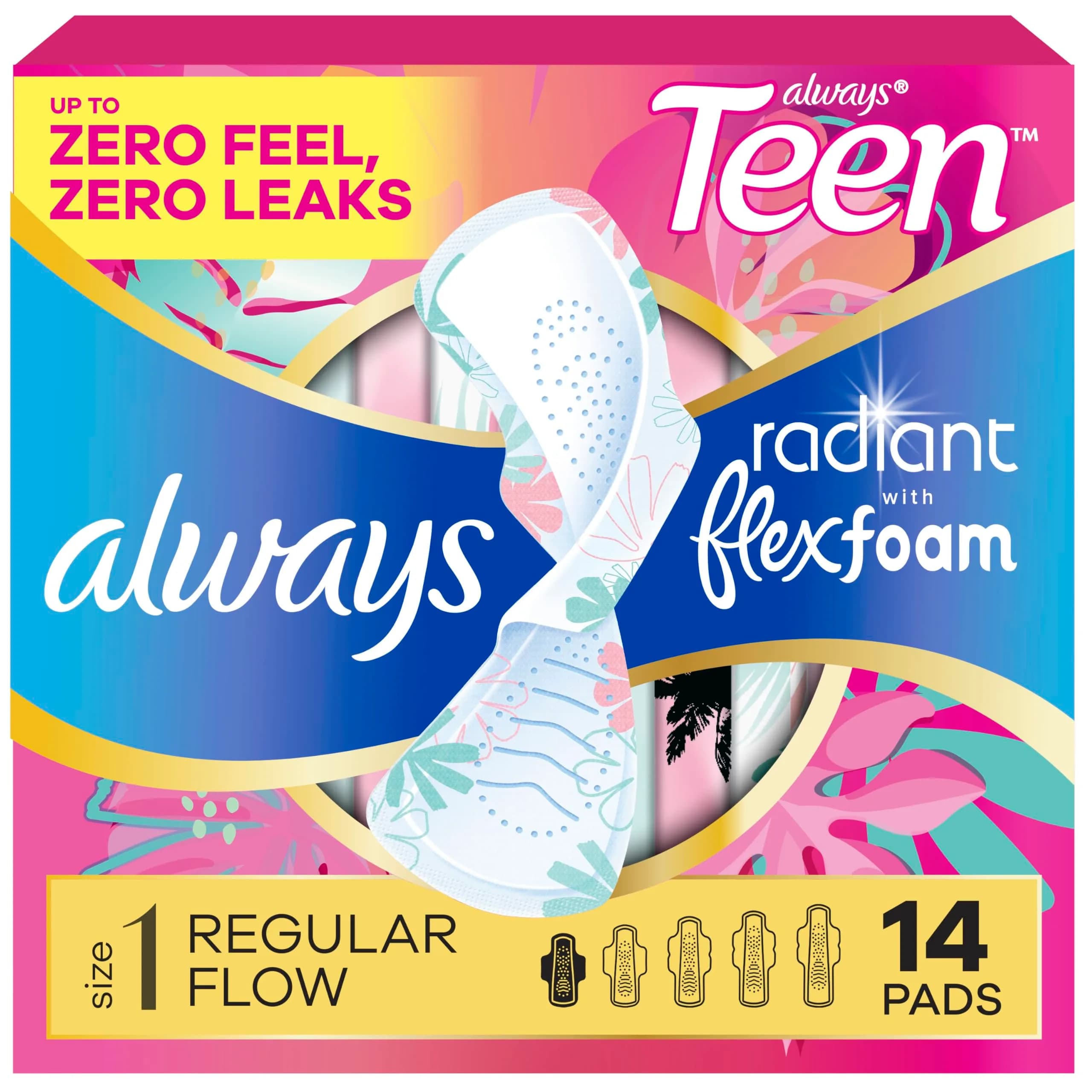 Always Radiant Teen Feminine Pads Regular Absorbency with Wings, 14 Count (14 Pads) | Dermatologist Tested by Skin Health Alliance - main product image