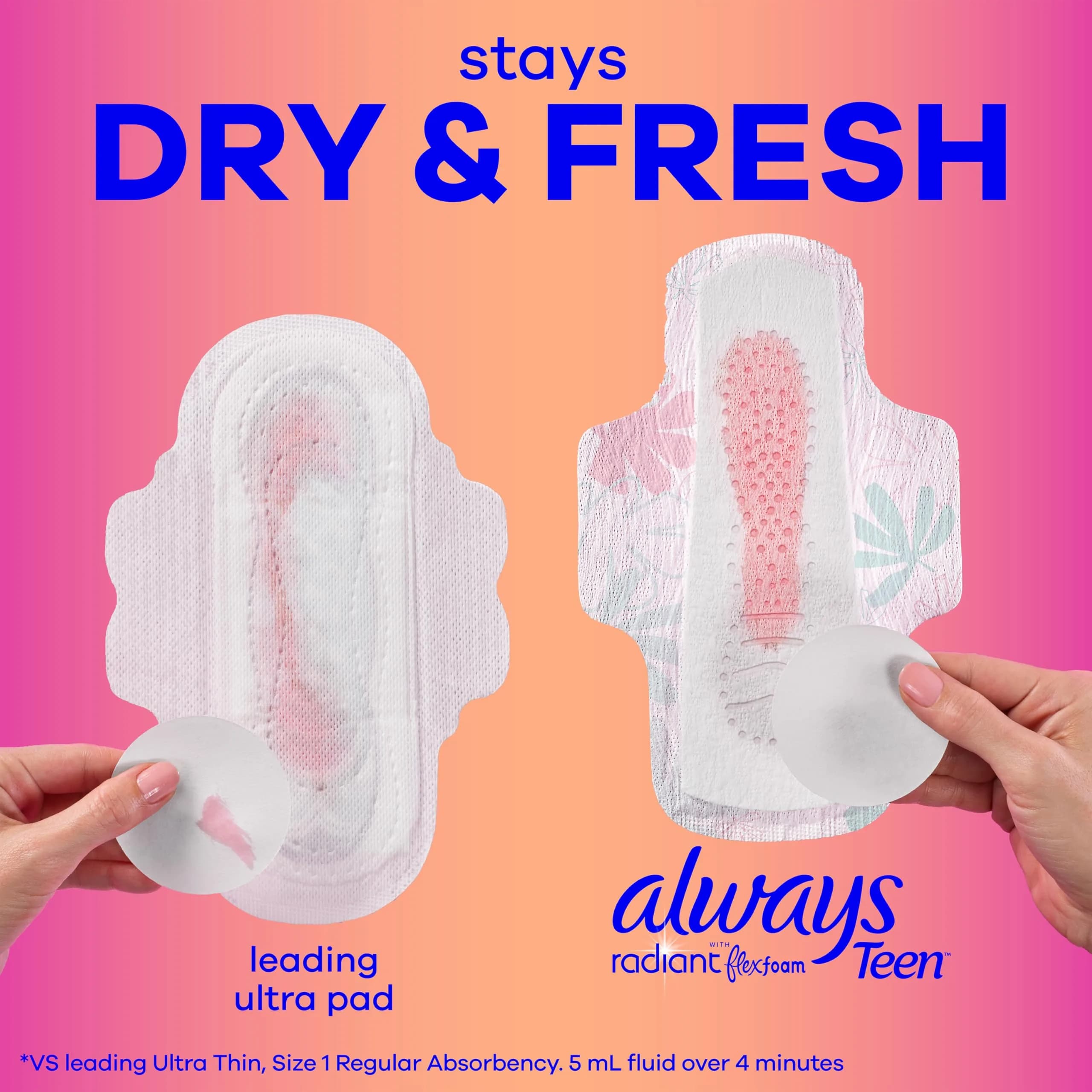 Always Radiant Teen Pads, Size 1 Regular, 28 Count | Dermatologist Tested & Unscented - view 8