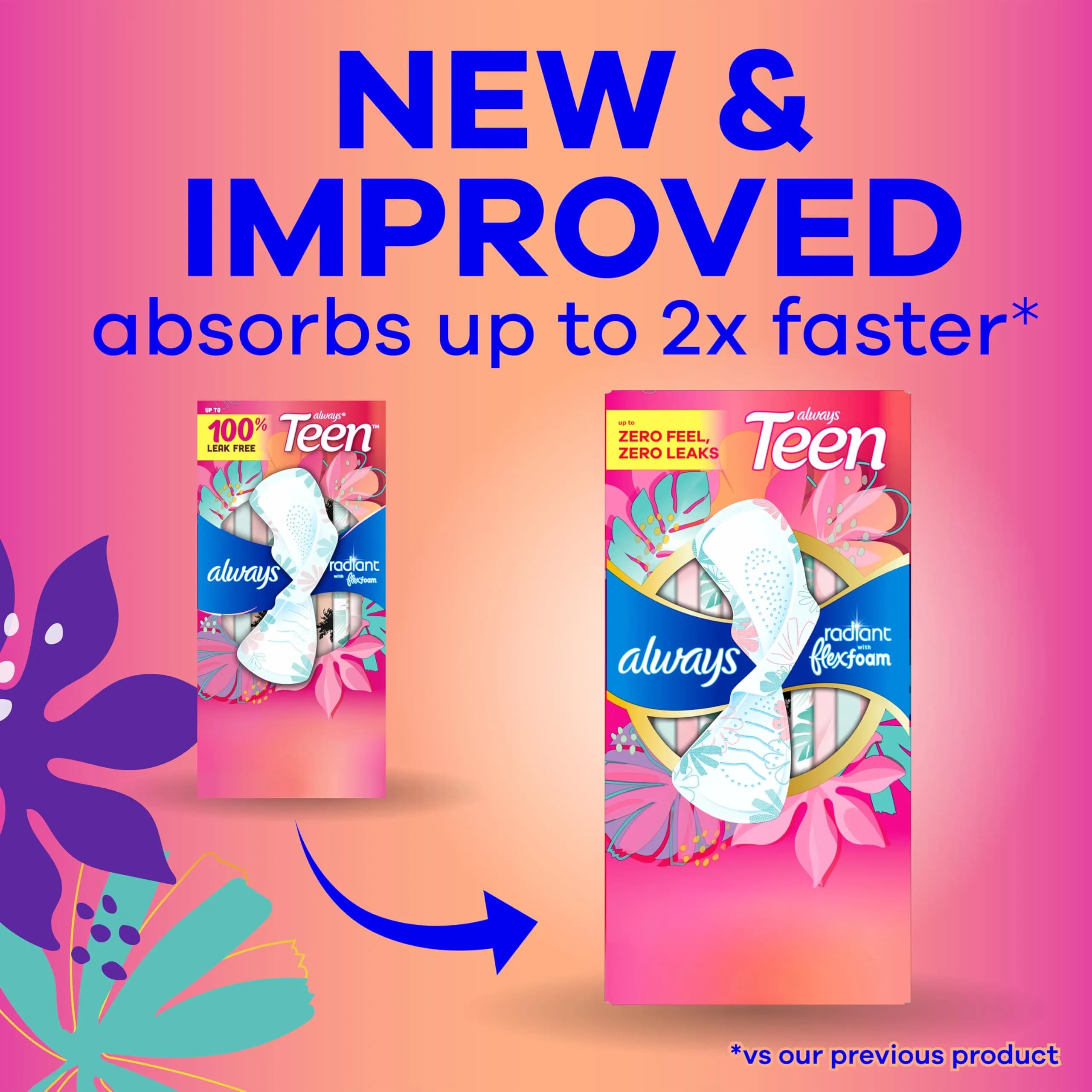 Always Radiant Teen Pads, Size 1 Regular, 28 Count | Dermatologist Tested & Unscented - view 2