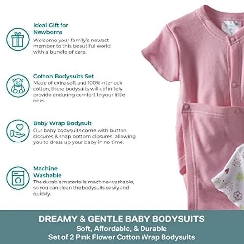 Spasilk Baby Bodysuit 2 Pack Pink Flower Short Sleeve Wrap for Newborns & 3-9 Months thumbnail 3