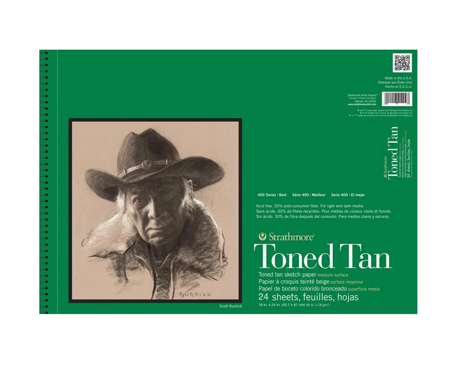Strathmore 400 Series Wire Bound Toned Tan Sketch Pad, 18 x 24 Inches, 80 lb Paper, 50 Sheets - main product image