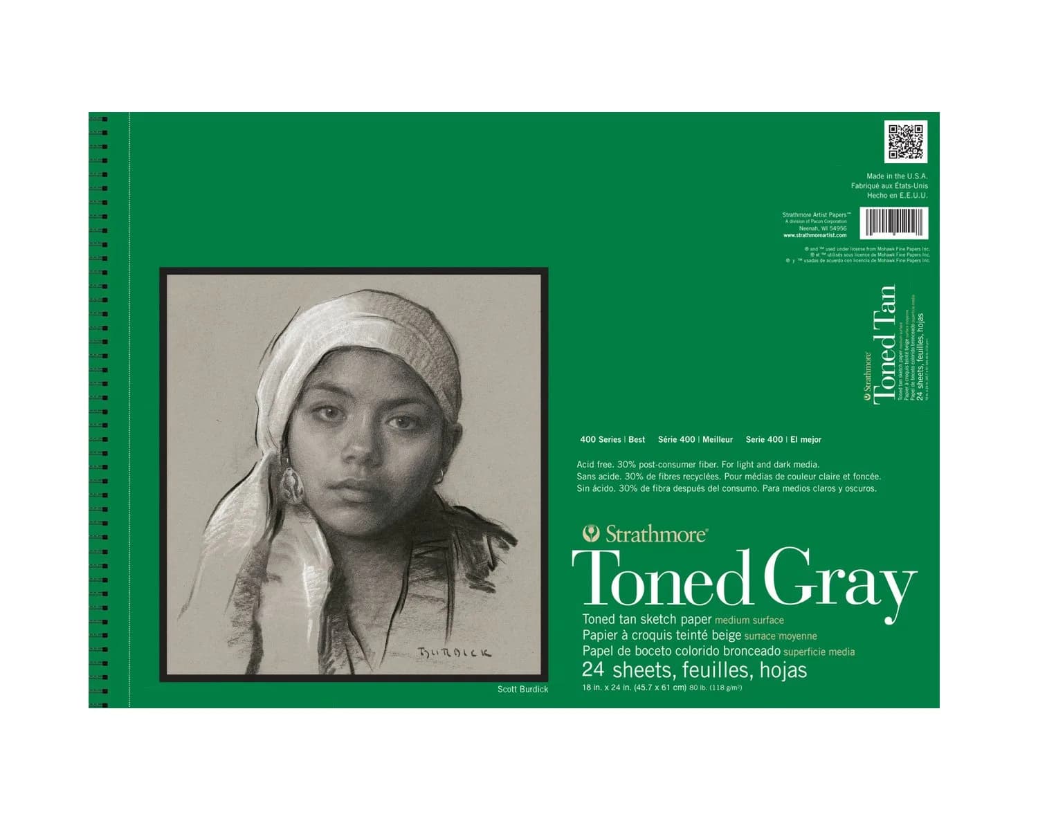Strathmore 400 Series Toned Sketch Pad Gray 80 lb Paper 18 x 24 inches | Acid-Free Recycled Paper