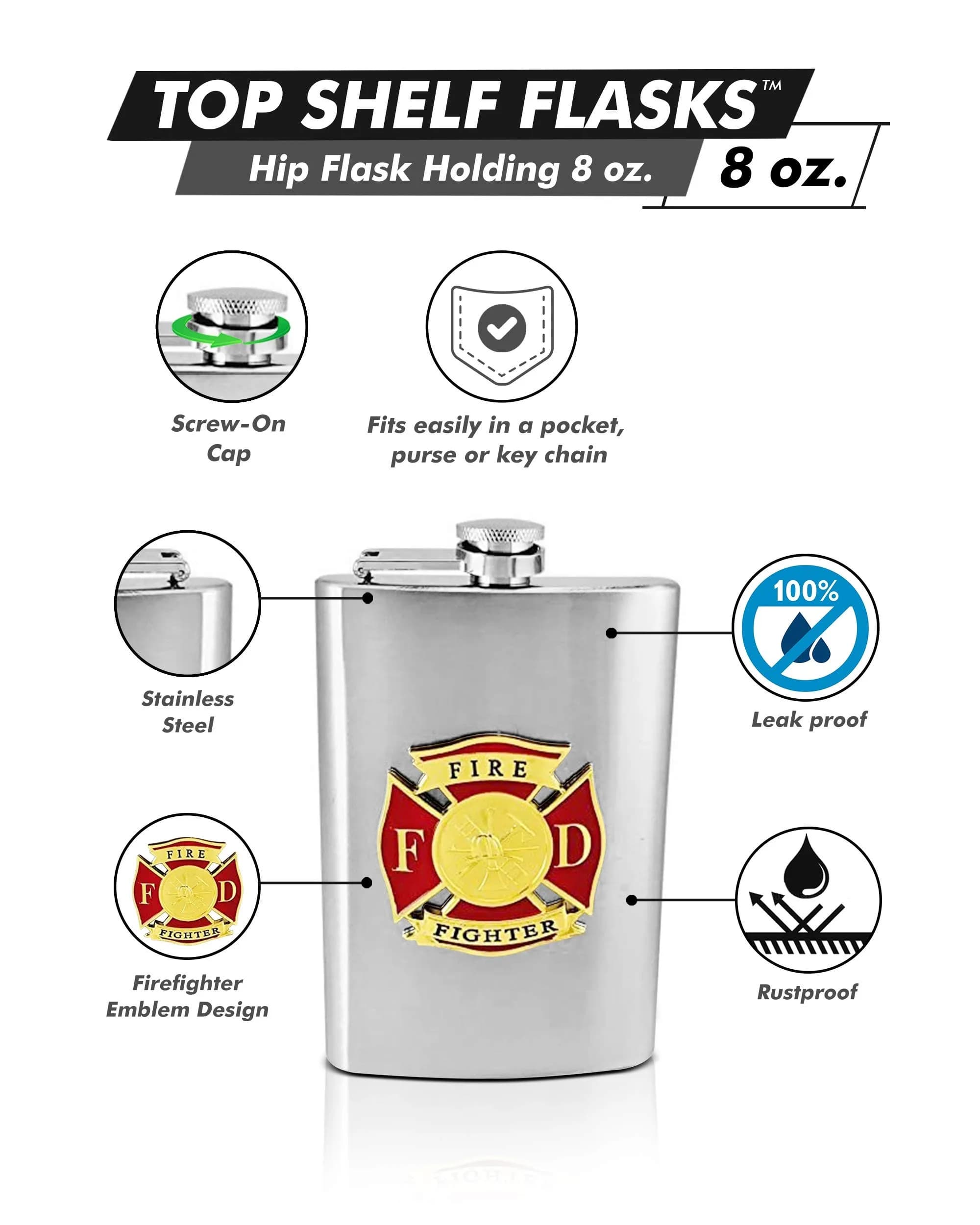 Flasks.com 8 oz Hip Flask with Firefighter Emblem - Stainless Steel, Pocket Size, Rustproof, Gift Box — Silver, Stainless Steel