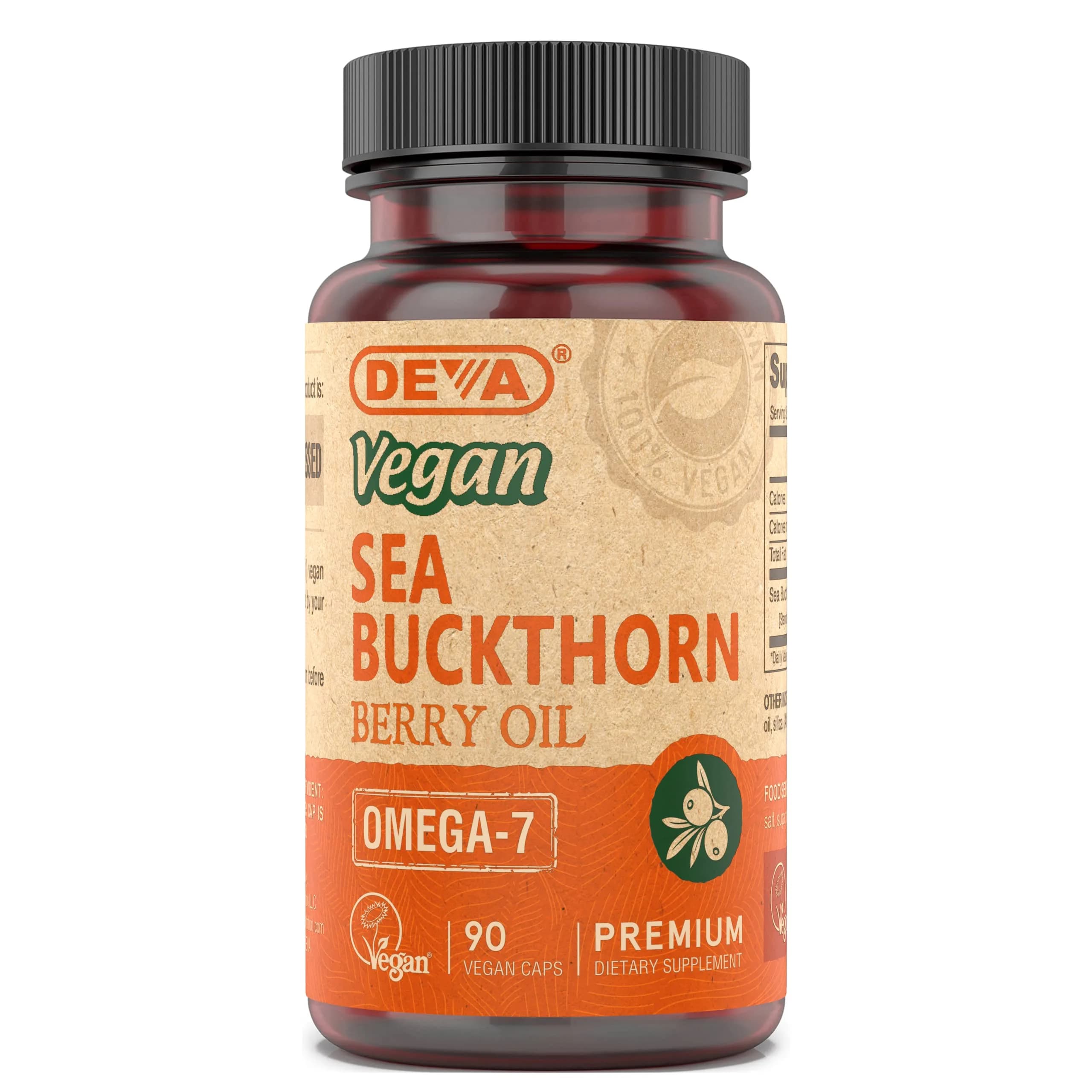 DEVA Vegan Sea Buckthorn Berry Oil 500mg | Cold-Pressed, Unrefined, Omega-7 Rich, 90 Capsules — No Color