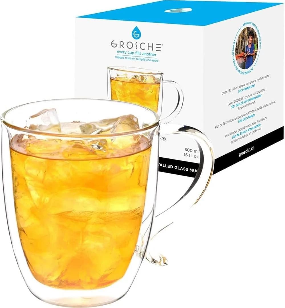 GROSCHE Cyprus Double Wall Glass Mug 16 Oz | Elegant Insulated Coffee & Tea Cup