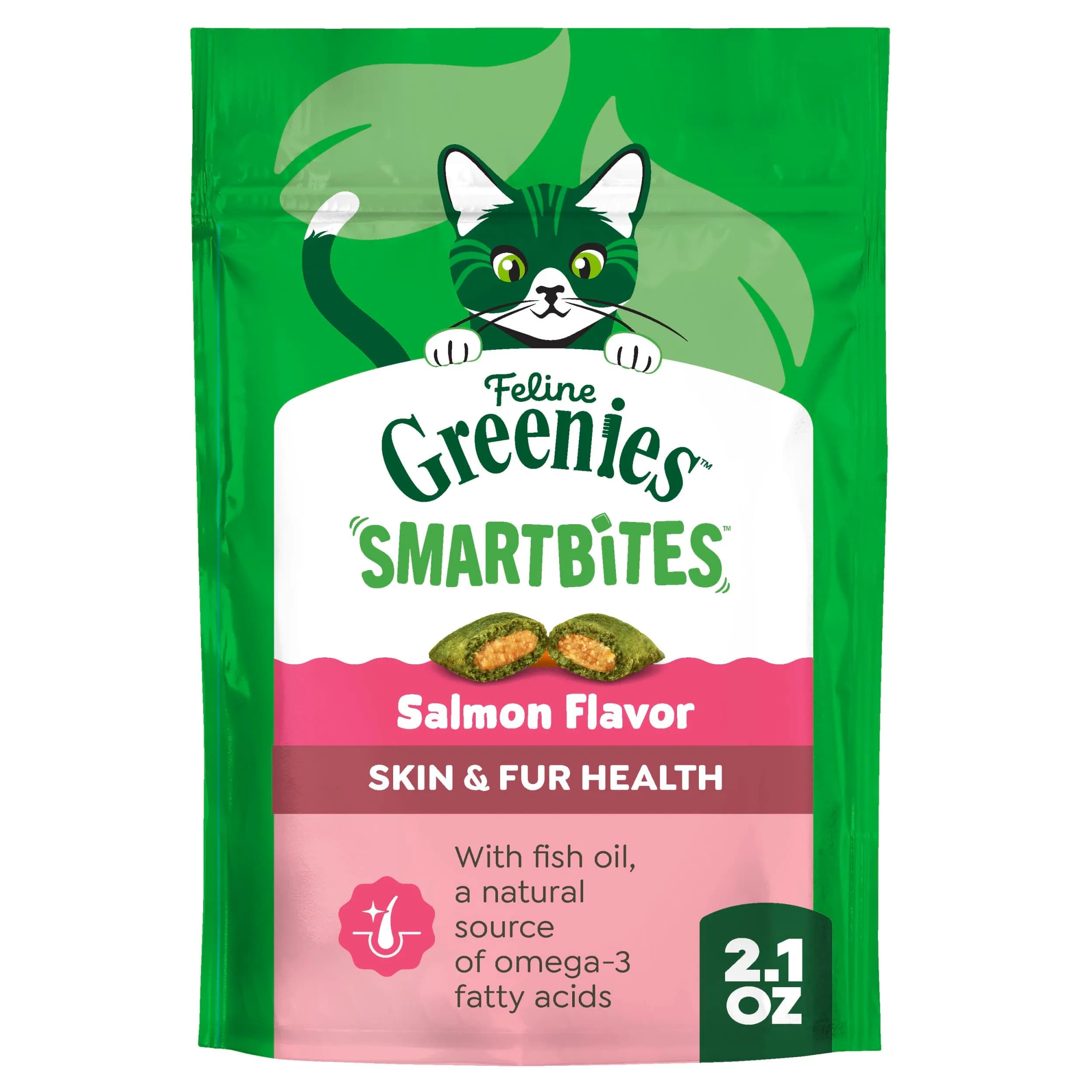 Greenies Feline Smartbites Skin & Fur Health Cat Treats, Salmon, 60g (2.1 oz) | Veterinarian-Formulated for Healthy Skin & Fur - main product image