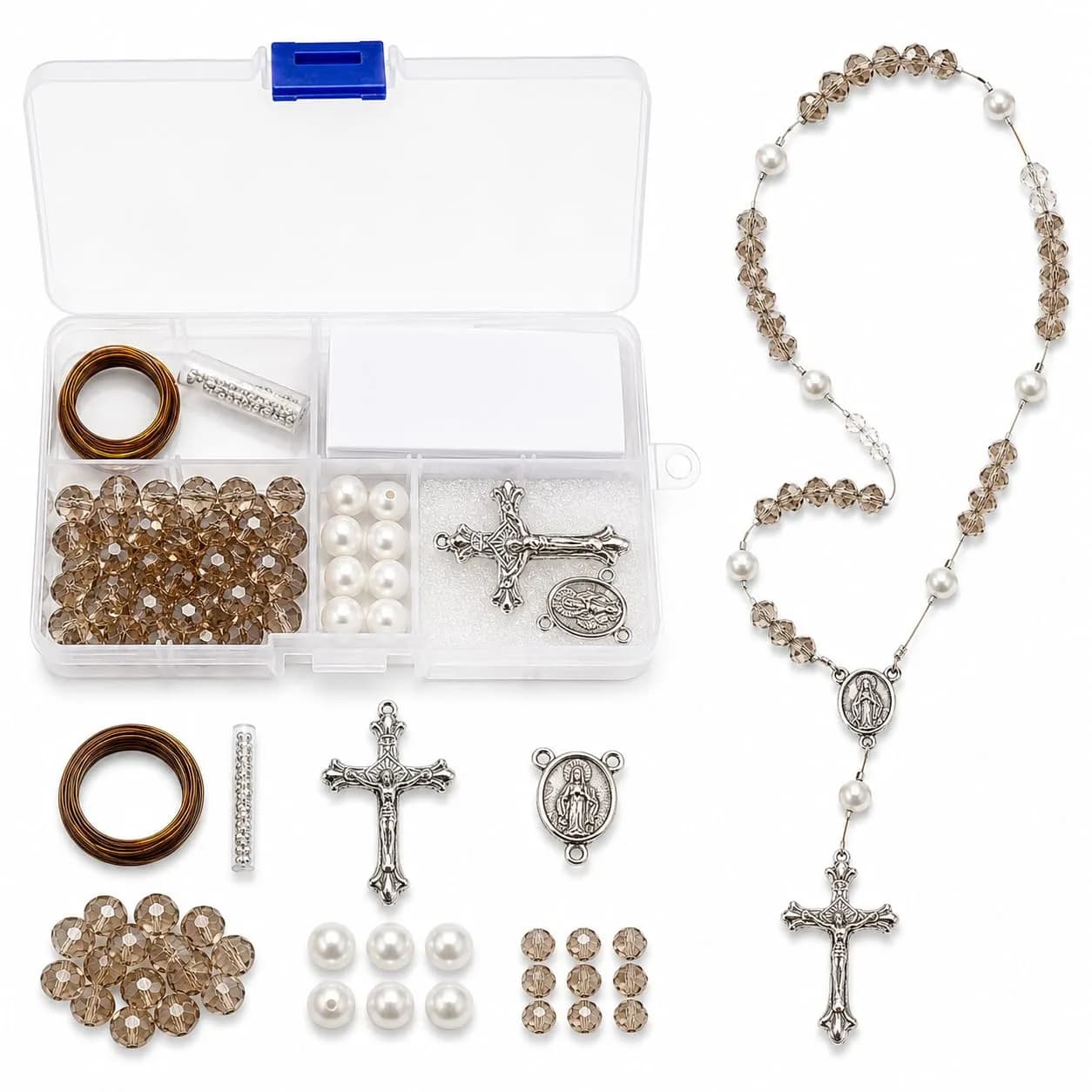 Linpeng Rosary Prayer Necklace Making Supplies Kit, Smoky Brown | First Communion Gift, Religious Beading Kit