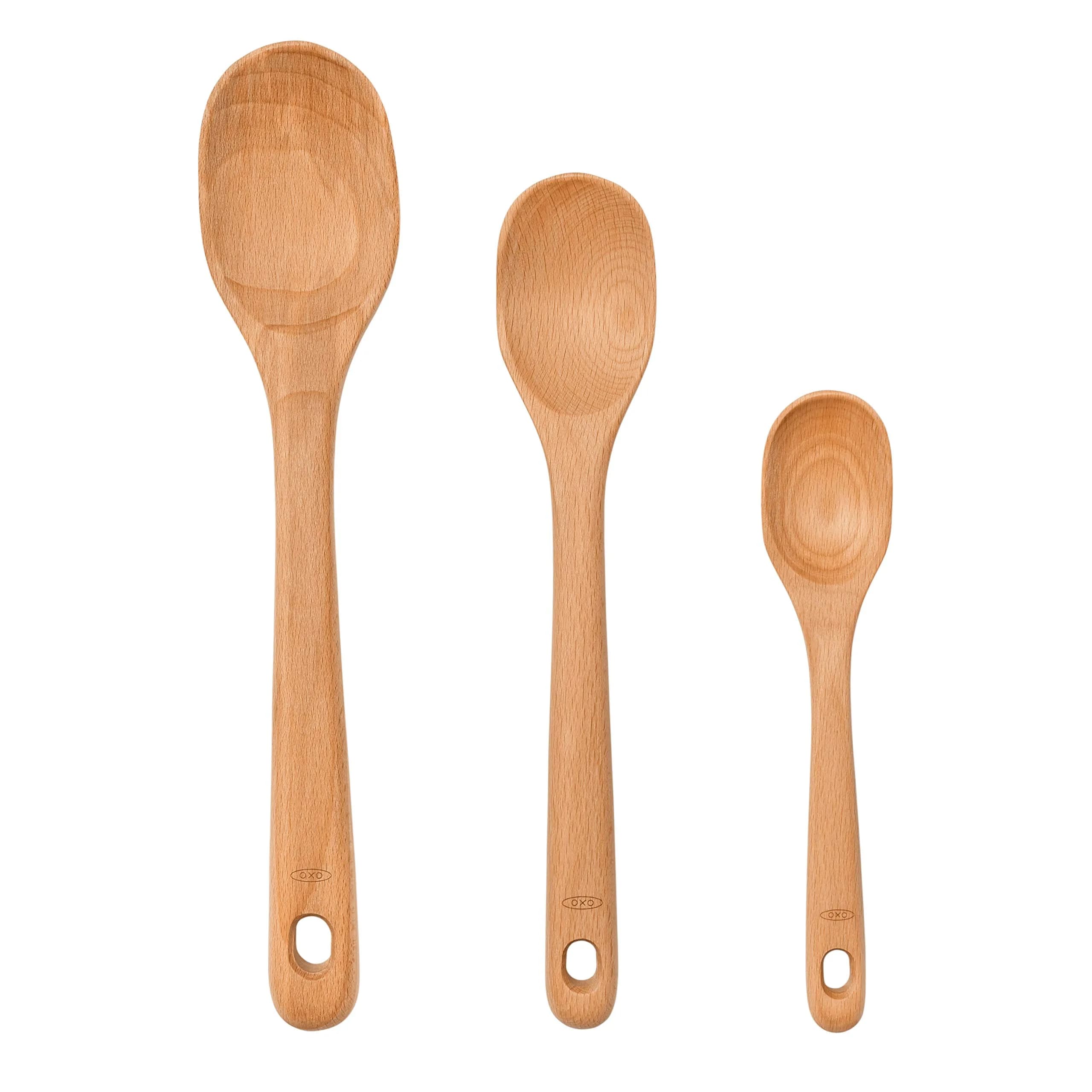 OXO Good Grips 3-Piece Wooden Spoon Set | Solid Beechwood, Safe for Non-Stick Cookware, Hand Wash Only — Brown