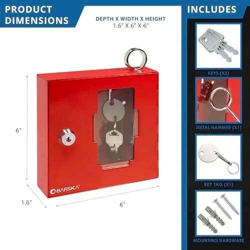 Barska Red Steel Emergency Key Box with Breakable Glass & Hammer | Wall Mount, 1.6" D x 6" W x 6" H thumbnail 2
