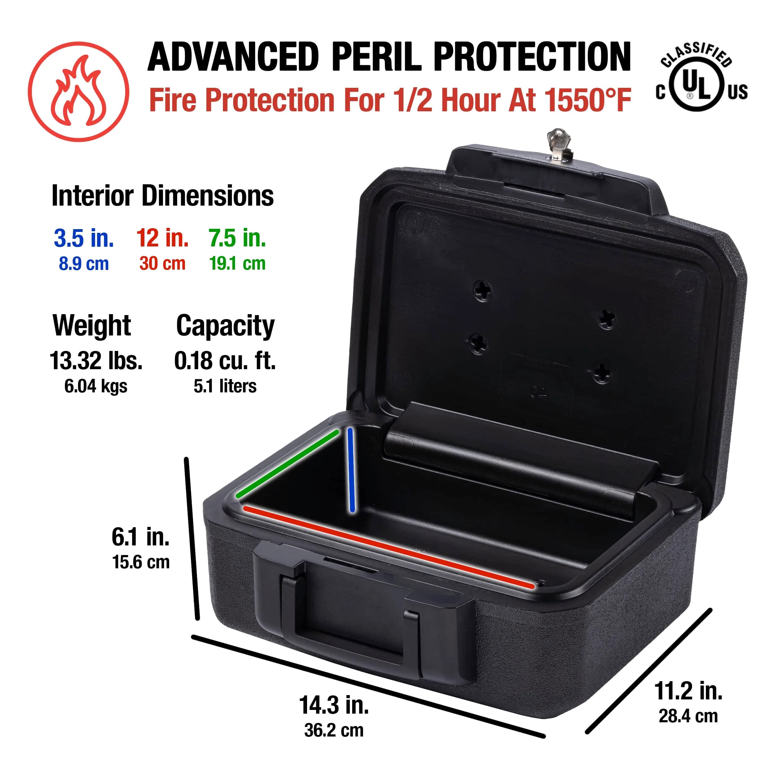 SentrySafe Fireproof Money Safe with Key Lock, Black 14.3 in W x 6.1 in H | Fire Resistant Document Box thumbnail 4