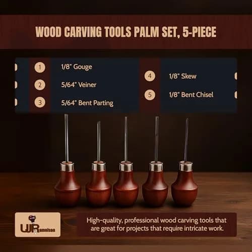 UJ Ramelson Co Wood Carving Tools Palm Set for Woodworking, Fine Miniature Detail, Stamp Making, Tile Etching, Mini Chisel and Gouge, 5 Pieces | Precision Miniature Carving thumbnail 2