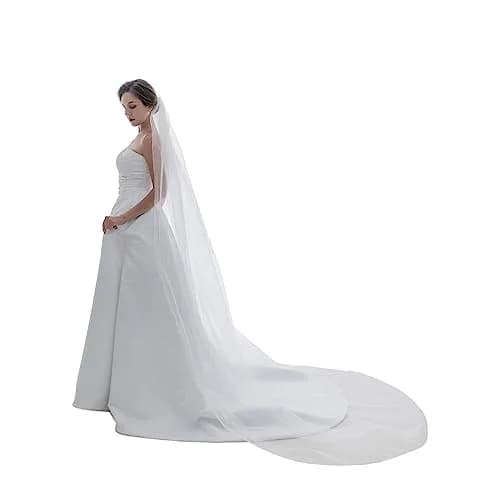 SAMKY Bridal Wedding Veil Cathedral Length 108" | Pencil Edge, White, 1 Tier thumbnail 1