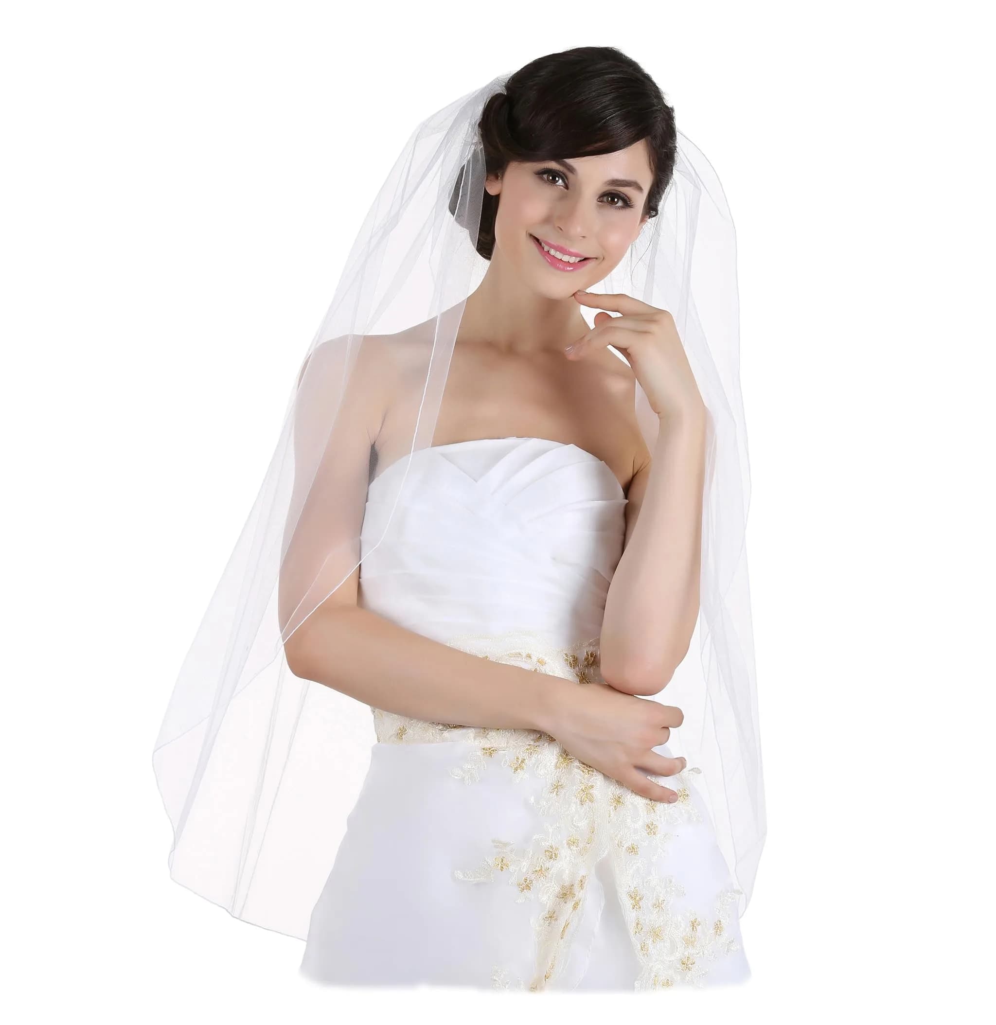 SAMKY Bridal Wedding Veil - White Fingertip Length 36" | Pencil Edge, Illusion Tulle — White