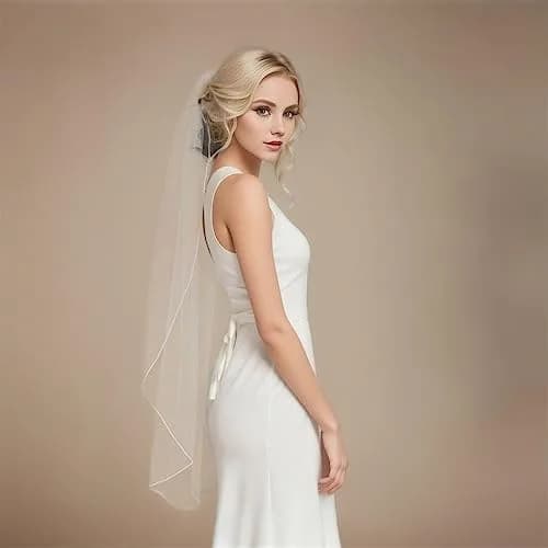SAMKY Bridal Wedding Veil - White Fingertip Length 36" | Pencil Edge, Illusion Tulle thumbnail 3