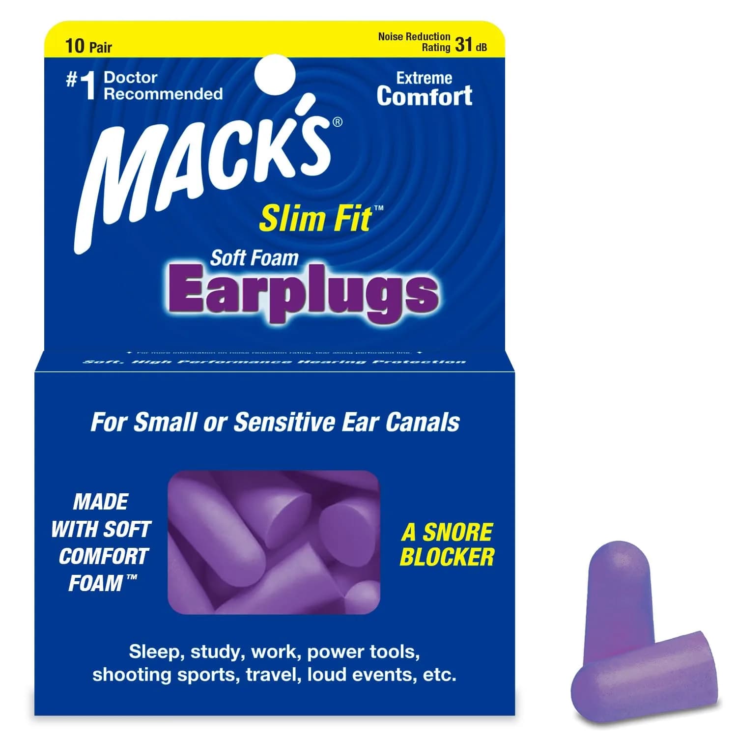 Mack's Slim Fit Soft Foam Earplugs 10 Pair (20 Count) | NRR 31dB Noise Reduction — Purple